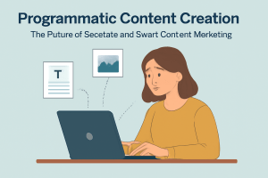 Illustration of a young woman working on a laptop with floating content icons, titled 'Programmatic Content Creation: The Future of Scalable and Smart Content Marketing.'