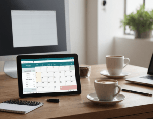 Smart scheduling tool interface showing key features like auto-sync, reminders, and task priorities on a laptop in a modern workspace