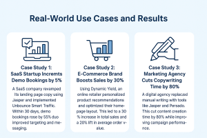 Infographic of three AI marketing case studies showing boosts in demos, sales, and efficiency