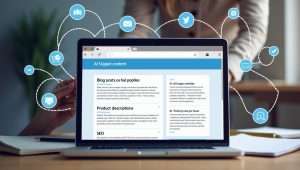 Real-world applications of AI copywriting tools showing AI-generated blog posts, email marketing, ad copy, and product descriptions on a laptop screen in a modern workspace.